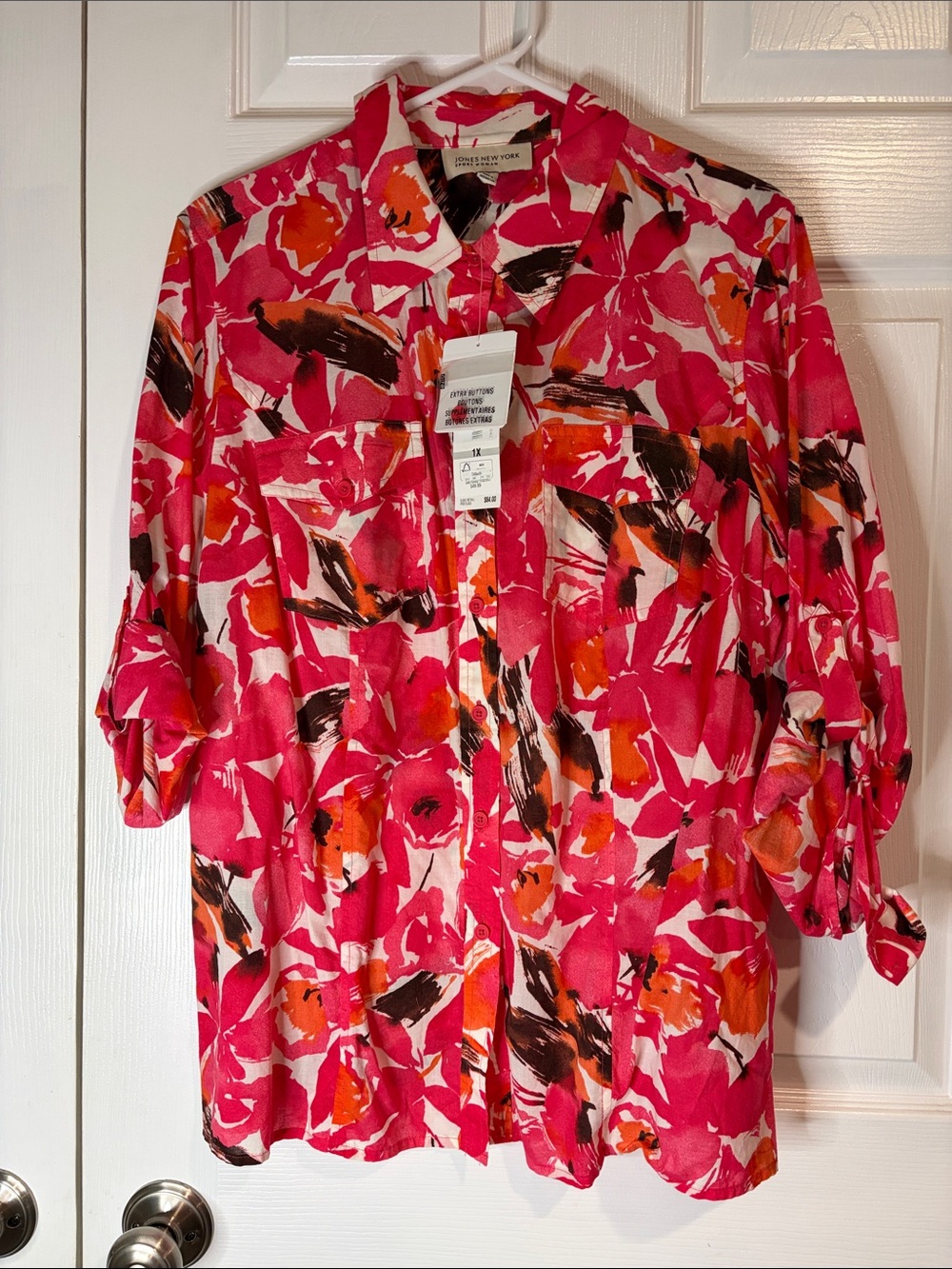 Jones New York Pink Floral Button-Up Blouse with Orange and Black Accents 1X